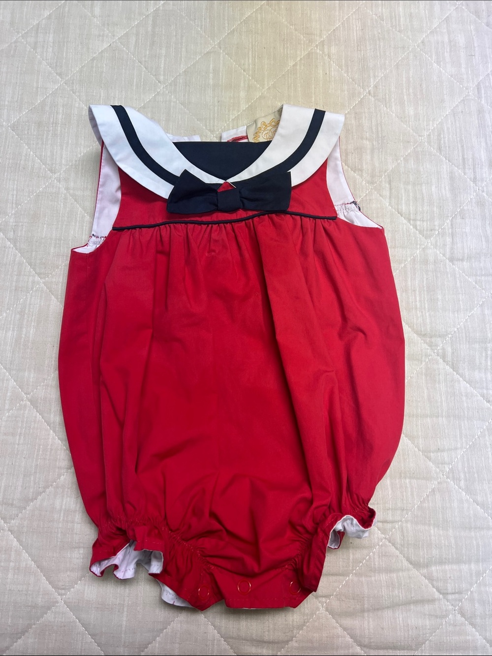 The Beaufort Bonnet Company Red Bubble Romper with Navy & White Sailor Collar